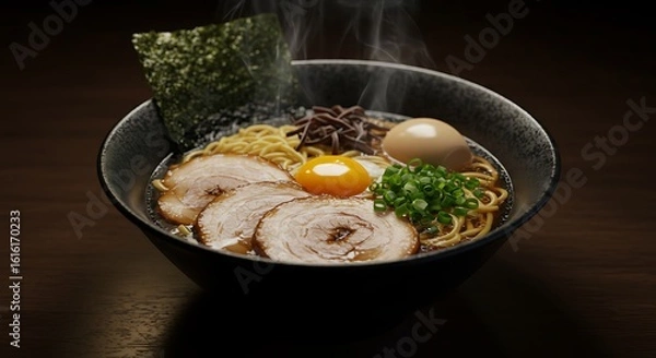 Fototapeta A steaming bowl of ramen with egg and pork slices