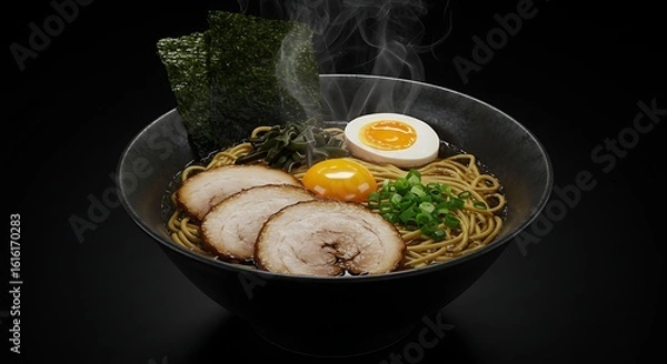Fototapeta A bowl of ramen with egg pork and seaweed on black