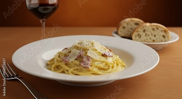 Fototapeta Spaghetti carbonara with wine and bread on the table