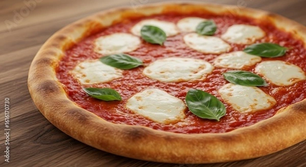 Fototapeta A margarita pizza with basil on a wooden table top