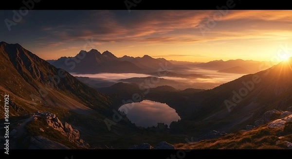 Fototapeta Scenic mountain range with lake at golden hour light