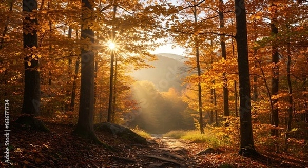 Fototapeta Sunlight shining through autumn forest path scene view