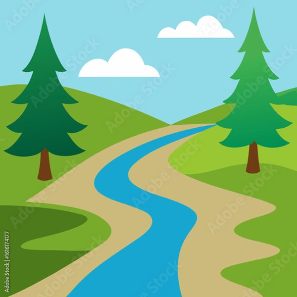 Obraz Winding river through green hills with pine trees and clouds