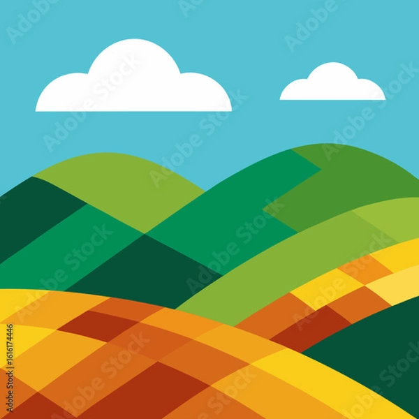 Obraz Abstract geometric landscape with rolling hills and clouds
