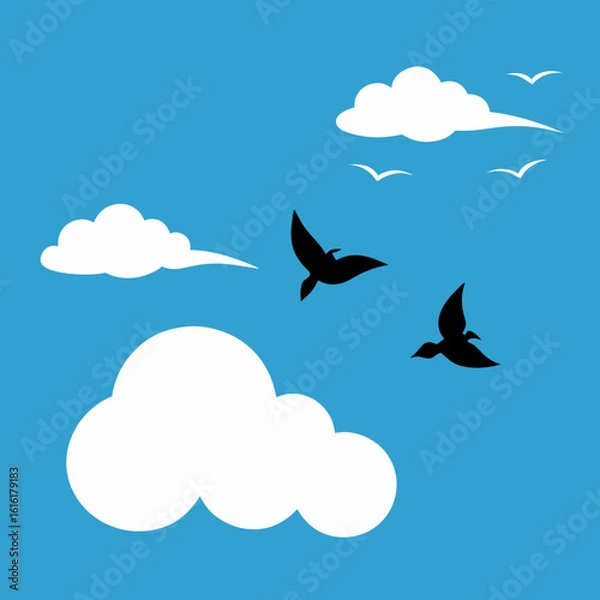 Obraz Turquoise sky with white clouds and silhouetted birds