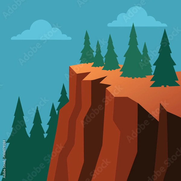 Obraz Flat design cliffside with pine trees and clouds