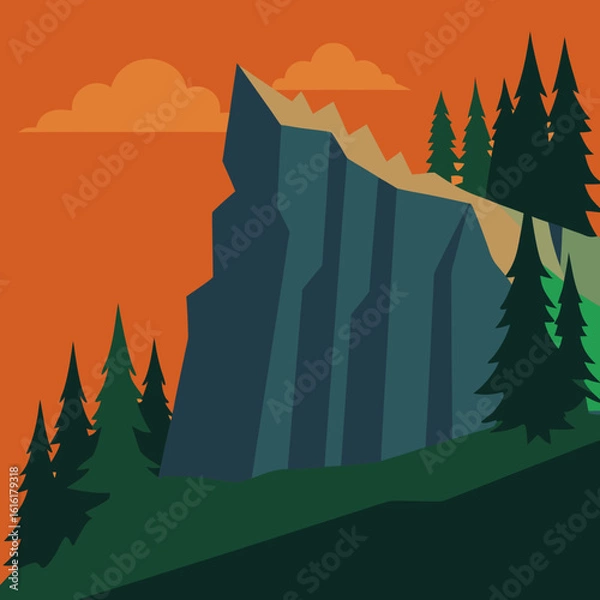 Obraz Stylized mountain landscape with pine trees and orange sky