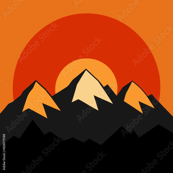 Obraz Stylized mountain peaks under a fiery sunset sky