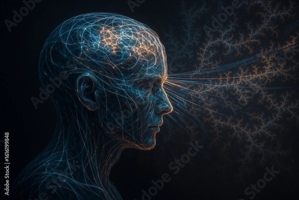 Fototapeta Digital human profile with glowing neural networks, visualizing thought and data processing