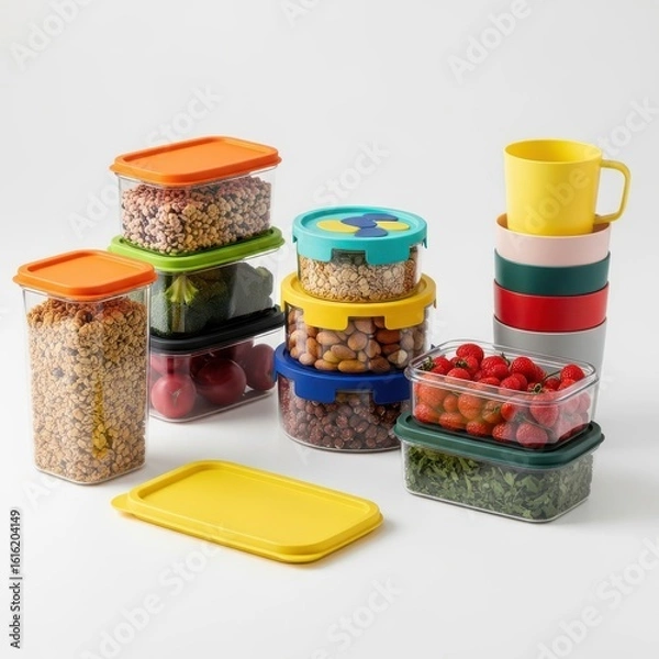 Fototapeta Various food storage containers filled with ingredients