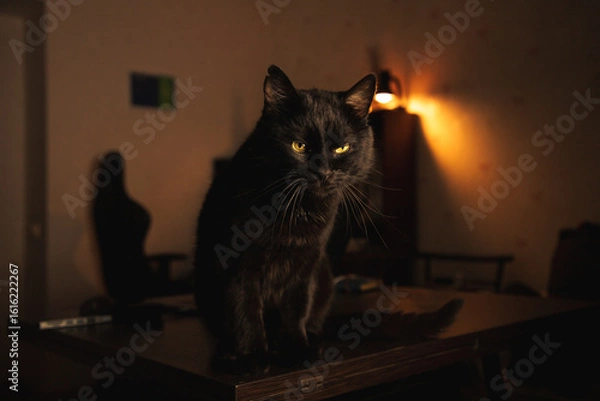 Obraz Mysterious black cat sitting on a wooden table in warm ambient light, gazing thoughtfully into the distance. Cozy indoor aesthetic.