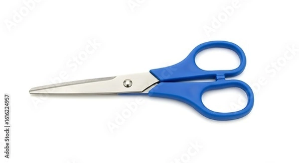 Fototapeta A pair of blue scissors with plastic handles for office and school supplies, shown closed and isolated on a plain white background.