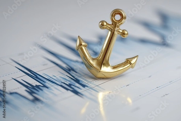 Fototapeta Golden anchor placed on volatile blue financial chart with sharp data spikes