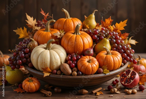 Fototapeta Bowl overflowing with pumpkins, grapes, pears, and autumn leaves. Generative AI