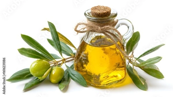 Obraz A beautiful bottle of olive oil, surrounded by olive branch with olives
