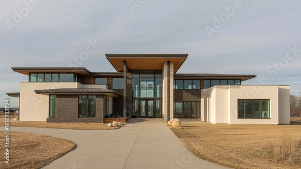 Fototapeta Modern architectural masterpiece featuring a grand entrance and clean geometric lines