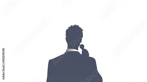 Fototapeta Silhouette of a Man in a Grey Suit Standing with His Back to the Camera Against a Black Background Thoughtful Pose in a Professional Setting