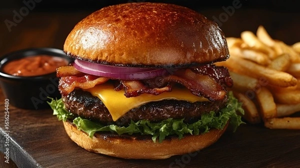Obraz Bacon Cheeseburger with Fries Ai Generated
