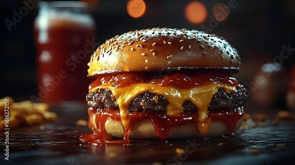 Fototapeta Classic Cheeseburger Close-Up Ai Generated