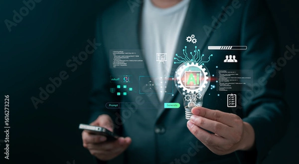 Fototapeta AI Technology Concept with Businessman Holding Lightbulb and Virtual Prompt Interface