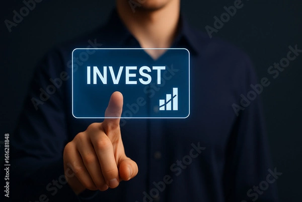 Fototapeta Businessman pressing virtual invest button with futuristic stock chart icon, financial technology concept for online trading and smart investing