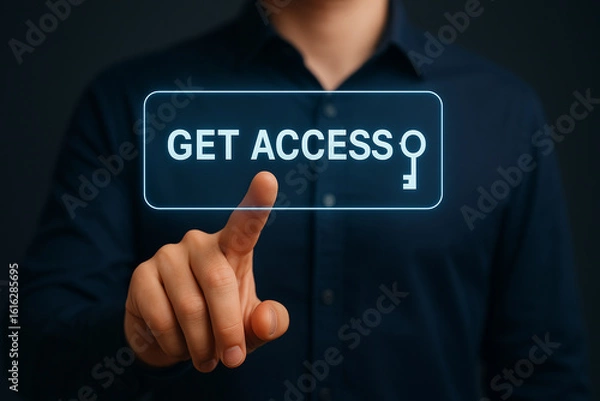 Fototapeta Photo-realistic hand pressing glowing get access button with key icon, professional UI concept for websites, marketing, commercial design use