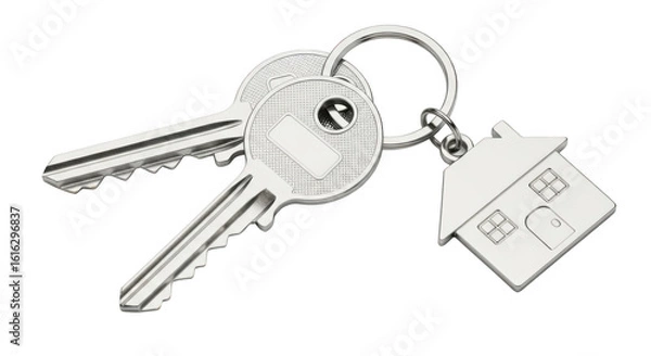 Obraz Silver keys with house keychain isolated on transparent background