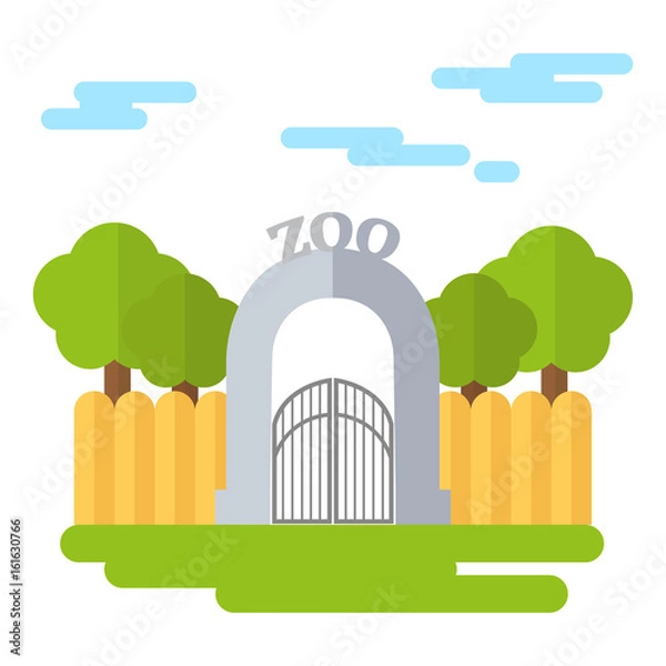 Obraz Picture of a zoo with a stone arch in a wrought-iron gate. On the right and left of the arch there is a fence behind which trees grow. Flat design