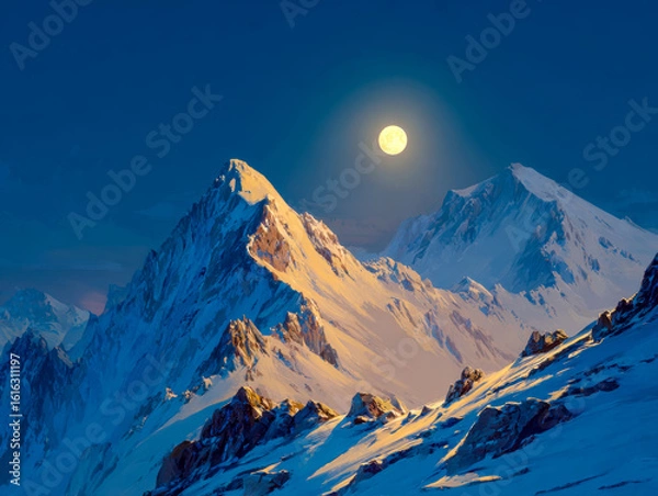 Fototapeta Serene snow-capped mountain range illuminated by the full moon under a clear night sky