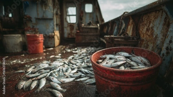 Fototapeta Rusty fishing boat deck, fish piled