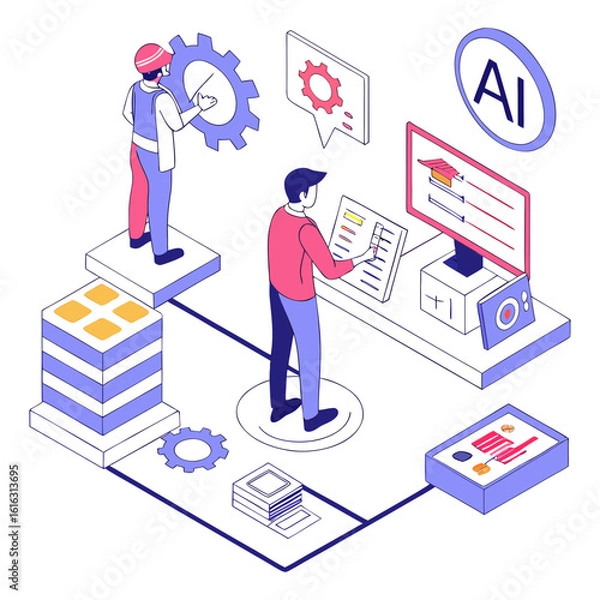 Fototapeta Flat Isometric AI Workflow Infographic