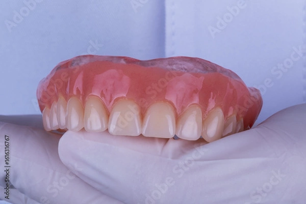 Obraz Dentist holding a new upper denture