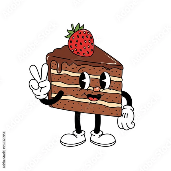 Obraz Whimsical chocolate cake character with strawberry topping making peace sign and waving hello