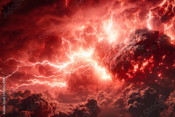Fototapeta Dramatic lightning storm illuminating turbulent cloudscape with fiery reddish hues
