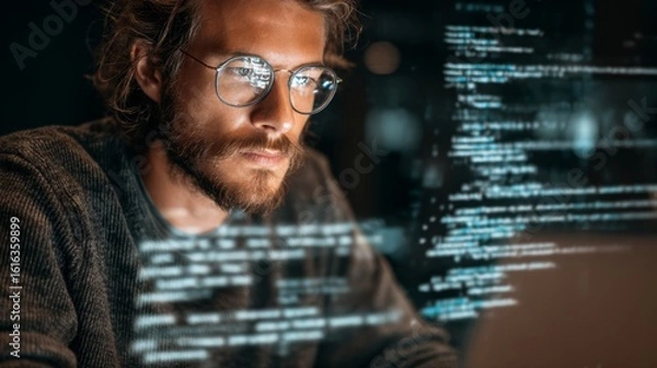 Obraz Male programmer with glasses viewing code reflections, software development concept