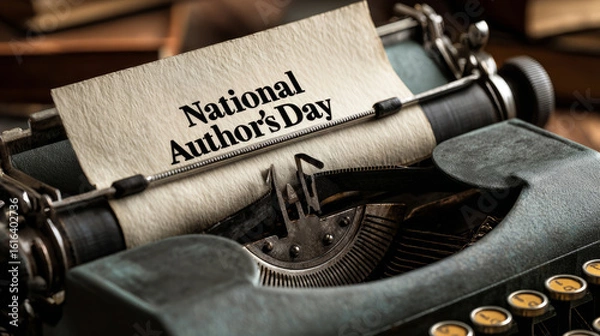 Fototapeta Close-up of old metal typewriter and paper with "National Author's Day" text, symbolizing author appreciation and timeless storytelling tools