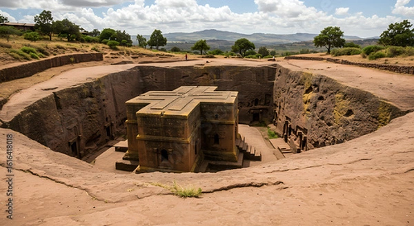 Fototapeta Photograph the monolithic rock-hewn churches of Ethiopia or North Africa. Emphasize the carved architecture, earth tones, and cultural legacy.

