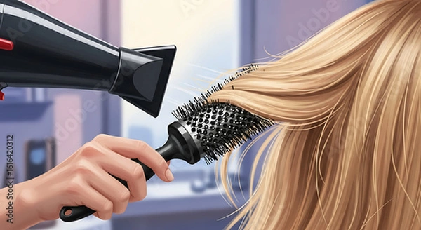 Fototapeta Professional Hair Styling Session with Hairdryer and Round Brush on Blonde Hair, Creating Volume and Smoothness in a Modern Salon Environment