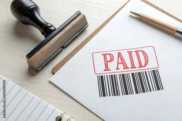 Obraz bar code with paid stamp on paper