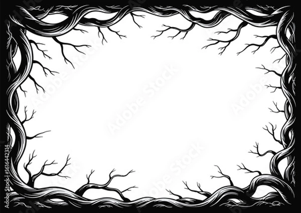 Fototapeta Dark twisted tree branches frame, spooky border design, eerie forest illustration, mysterious glowing lights, Halloween background, gothic nature art