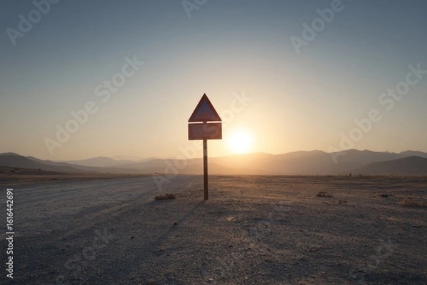 Fototapeta Empty road, sunset, warning sign