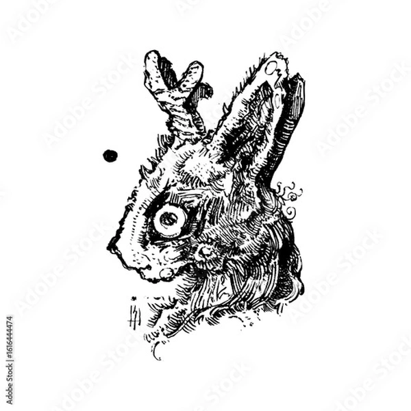 Fototapeta Intriguing black and white ink drawing of a mythical Jackalope, a rabbit with deer antlers, showcasing a unique blend of animal features in a surreal, detailed style.