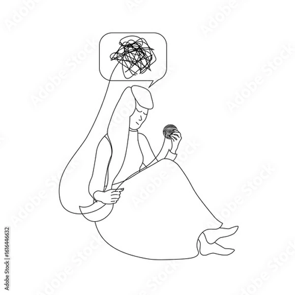 Fototapeta Woman organizes thoughts abstract picture mental health concept. Woman winds symbolic ball of thread outlines monochrome stock vector illustration for web, for print.