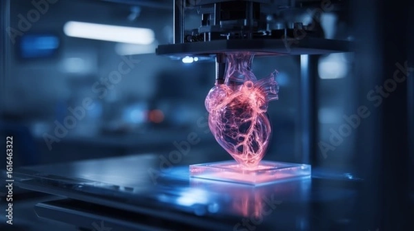 Fototapeta 3D printer creating human organs in high-tech, futuristic laboratory. Printing process features glowing anatomical structures, biomedical innovation in regeneration and tissue engineering concept. 