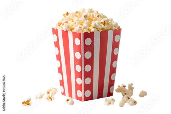 Fototapeta Popcorn in a Classic Red and White Striped Box, Isolated on a Gray Background