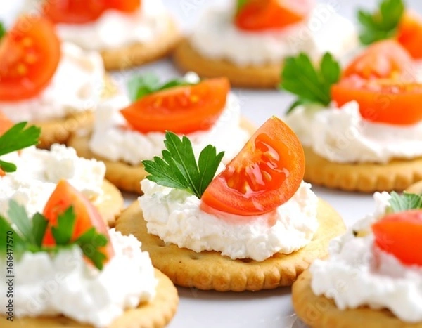 Fototapeta Appetizer crackers with cream cheese and cherry tomatoes (1)