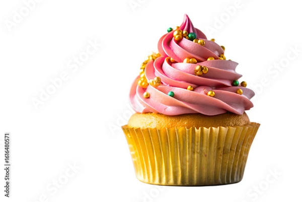 Fototapeta Single Cupcake with Pink Swirl Frosting and Colorful Sprinkles