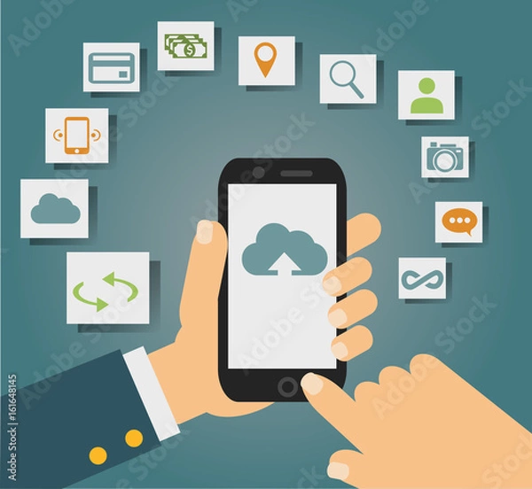 Obraz Vector concept of cloud services on mobile phone such as storage, computing, search, photo album, data exchange. 