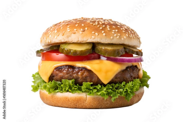 Fototapeta Classic Cheeseburger with Fresh Vegetables and Sesame Seed Bun Isolated on a Plain Background