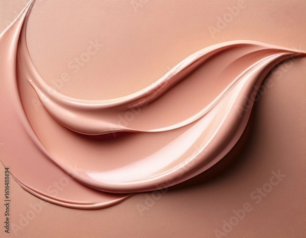 Fototapeta close up of smooth pink cosmetic cream or makeup foundation smeared on a soft beige background generative ai